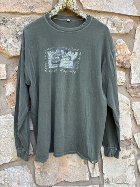 vintage olive green long-sleeve graphic t-shirt Joe Satriani Size Mens 4